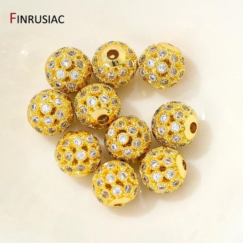 18K Gold Plated Hollow Round Beads with Zircon, 8mm for DIY Jewelry - Jewelry 4 you