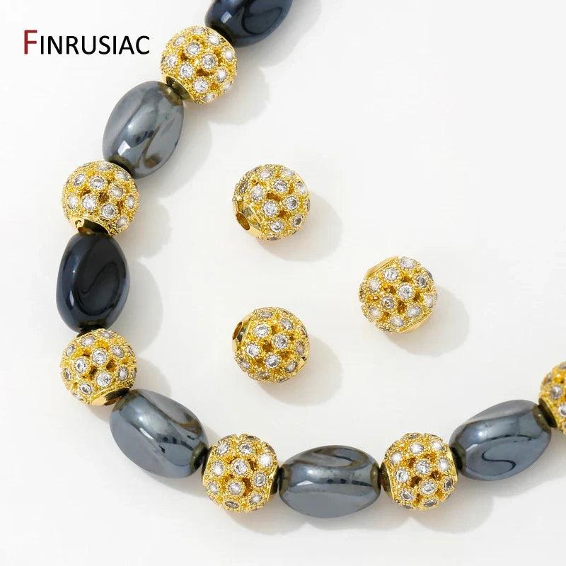 18K Gold Plated Hollow Round Beads with Zircon, 8mm for DIY Jewelry - Jewelry 4 you