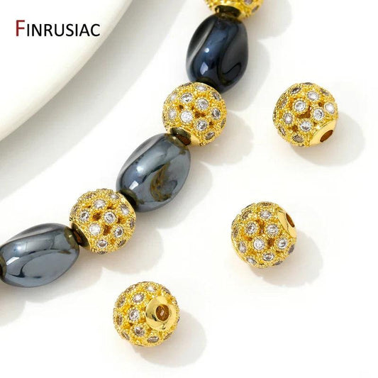 18K Gold Plated Hollow Round Beads with Zircon, 8mm for DIY Jewelry - Jewelry 4 you