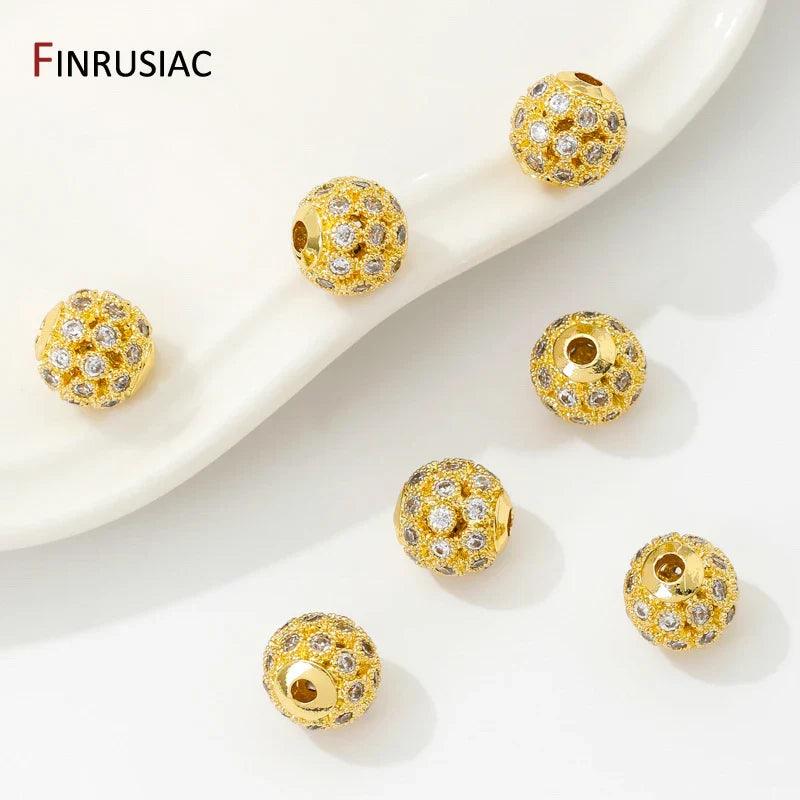 18K Gold Plated Hollow Round Beads with Zircon, 8mm for DIY Jewelry - Jewelry 4 you