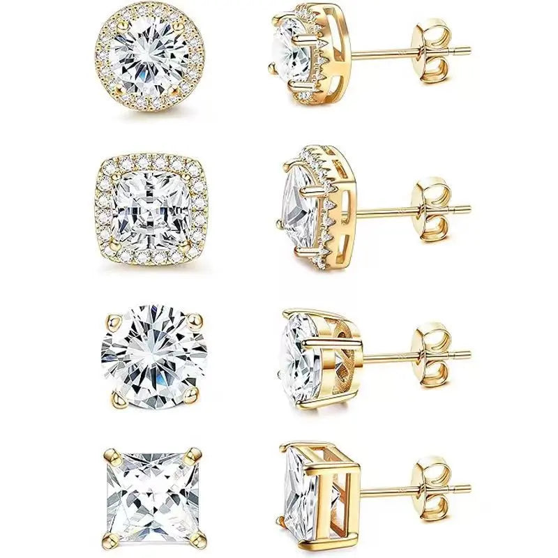 Sparkle Cubic Zirconia Stud Earrings, 4 Pairs Set, Brilliant Cut,Ddms0021 925 Silver Plated, Hypoallergenic for Women