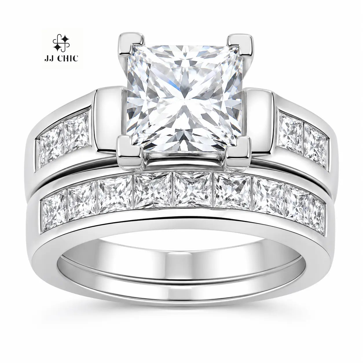 JJ CHIC Two-Piece Square Ring Set for Women Princess Cut Deluxe CZ Ring Ideal for Engagement Wedding Personal Statement Jewelry or Gift Micro Pave Cubic Zirconia Stones