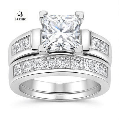 JJ CHIC Two-Piece Square Ring Set for Women Princess Cut Deluxe CZ Ring Ideal for Engagement Wedding Personal Statement Jewelry or Gift Micro Pave Cubic Zirconia Stones
