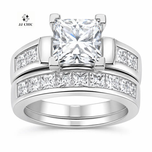 JJ CHIC Two-Piece Square Ring Set for Women Princess Cut Deluxe CZ Ring Ideal for Engagement Wedding Personal Statement Jewelry or Gift Micro Pave Cubic Zirconia Stones
