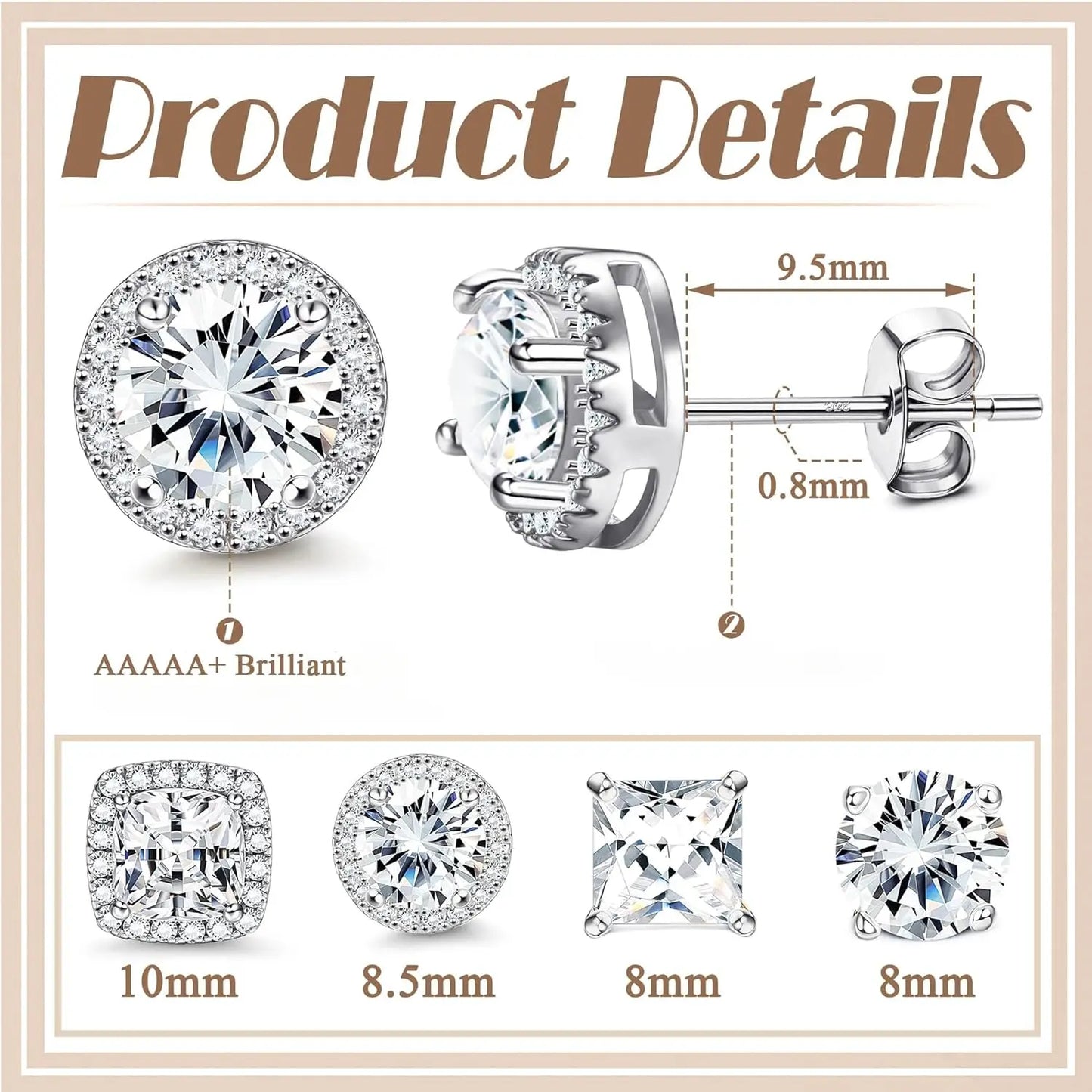 MILACOLATO Cubic Zirconia Stud Earrings Hypoallergenic 925 Sterling Silver Post Earrings Big Brilliant Stud Earrings for Women Men, Men'S Accessories, Gifts for Boyfriend