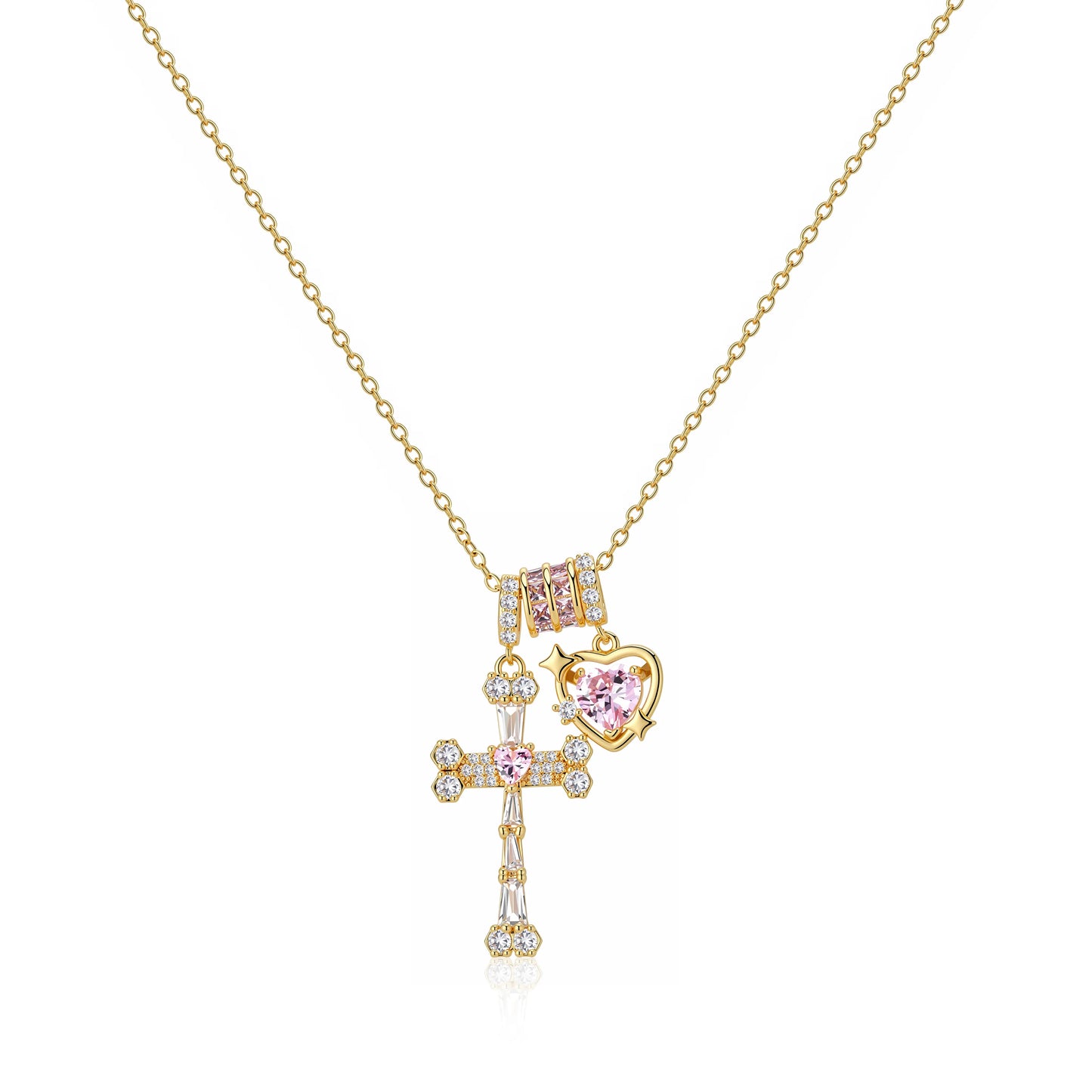 GANIA Holy Love 18K Gold Cross Engraved with Pink Heart Necklace, Christian Faith Protection Jewelry, Allergen-Resistant and Non-Dyed, Adjustable. Ideal Gift for Birthdays, Anniversaries, Mothers, Sisters, Girlfriends, and Wives