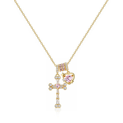 GANIA Holy Love 18K Gold Cross Engraved with Pink Heart Necklace, Christian Faith Protection Jewelry, Allergen-Resistant and Non-Dyed, Adjustable. Ideal Gift for Birthdays, Anniversaries, Mothers, Sisters, Girlfriends, and Wives