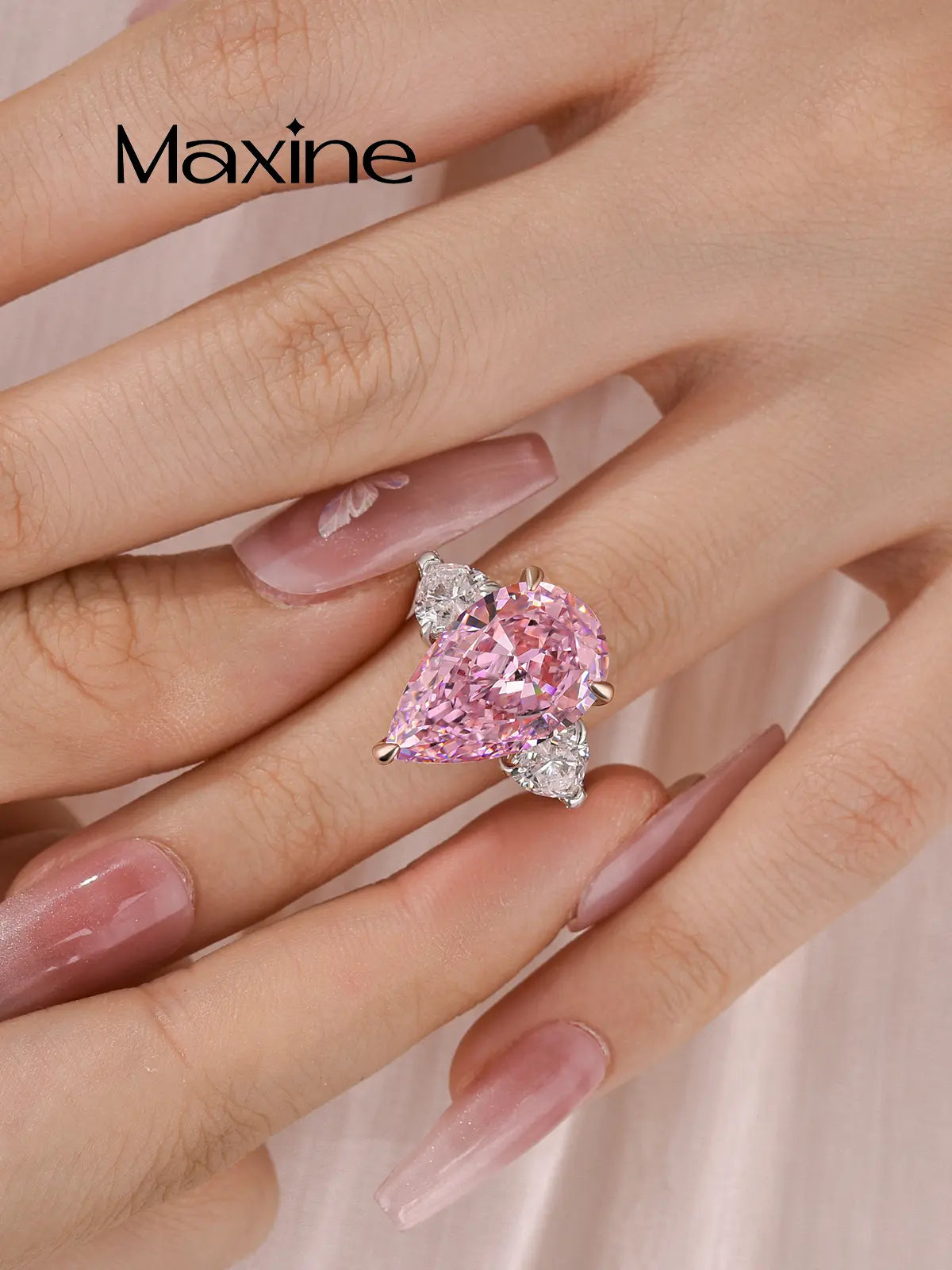 Maxine 14K White Gold Plated 8.0Ct Pear Cut Pink/Clear Engagement Ring, Three Stone Bridal Ring, Travel-Friendly Jewelry, Women'S Ring Jewelry,Wedding Ring for Daily,Proposal,Birthday,Anniversary