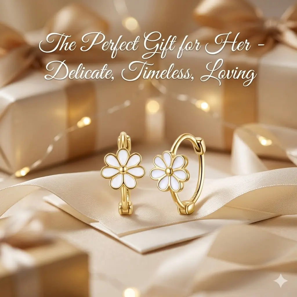 Exquisite Small Daisy Flower Hoop Earrings for Women - Genuine S925 Sterling Silver, 18K Gold Plated, Hypoallergenic White Enamel, Small Hinge Style (0.6Cm Flower, 1.2Cm Dia)