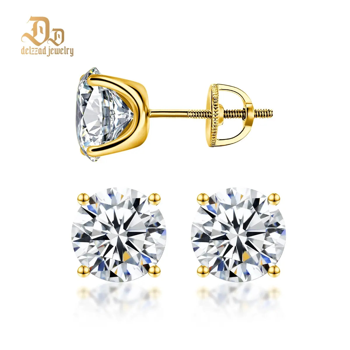 Delzzad 14K Gold-Plated Solitaire Four Prong Earrings Screw Back/Butterfly Back Lab-Created Moissanite Stud Earring S925 Sterling Silver Moissanite Jewelry Perfect Birthday Mother’S Day Christmas Gift for Men Women Wedding Set