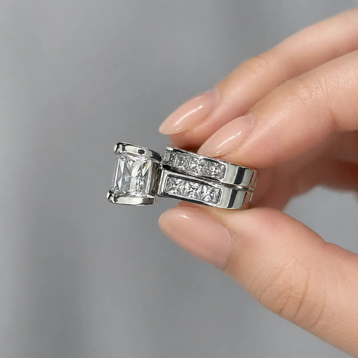 JJ CHIC Two-Piece Square Ring Set for Women Princess Cut Deluxe CZ Ring Ideal for Engagement Wedding Personal Statement Jewelry or Gift Micro Pave Cubic Zirconia Stones