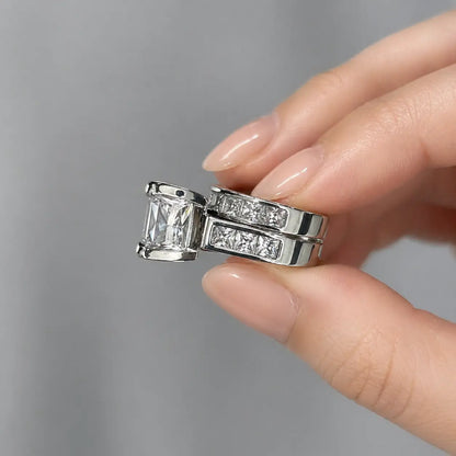 JJ CHIC Two-Piece Square Ring Set for Women Princess Cut Deluxe CZ Ring Ideal for Engagement Wedding Personal Statement Jewelry or Gift Micro Pave Cubic Zirconia Stones