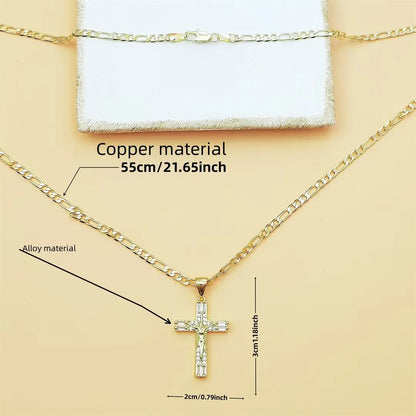 14K Gold Plated Jesus Crucifix Pendant Necklace, 23.62 Inch Copper Figaro Chain (60Cm), Cubic Zirconia Inlaid Cross Necklace for Men Women Catholic Religious Jewelry