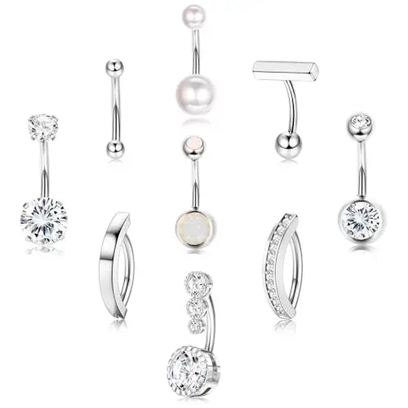 FIASASO 9-Piece Geometric Surgical Steel CZ Belly Button Rings Set - Clicker Navel Piercings, Women'S Body Jewelry Set, Accessories for Women