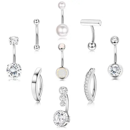 FIASASO 9-Piece Geometric Surgical Steel CZ Belly Button Rings Set - Clicker Navel Piercings, Women'S Body Jewelry Set, Accessories for Women