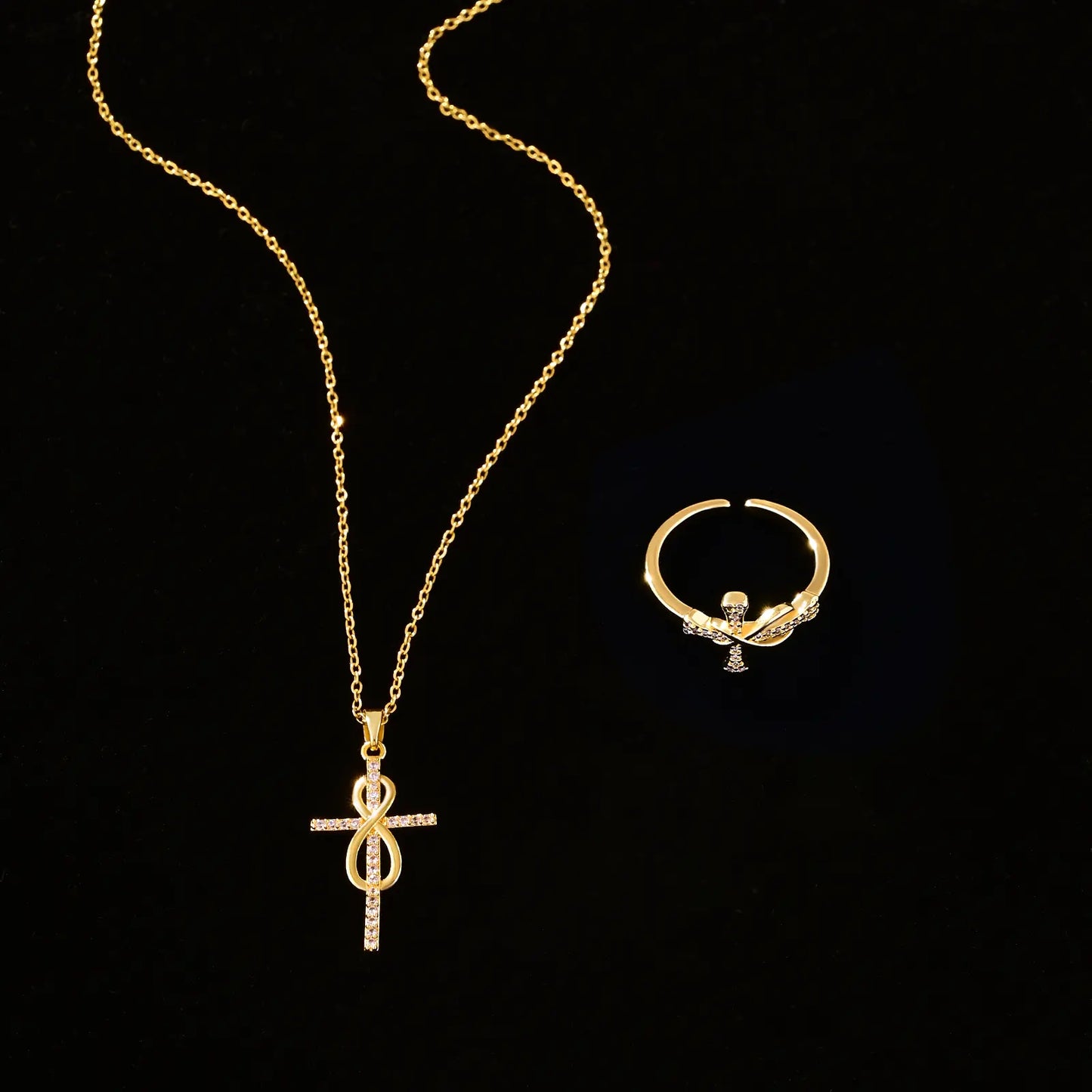 Gold-Plated Jesus Christ Cross Pendant Necklace, Cross Open-Ended Ring, Necklace & Ring Gift Set, Fashion Jewelry Accessories for Women & Men, Romantic Daily Wear Jewelry for Couples