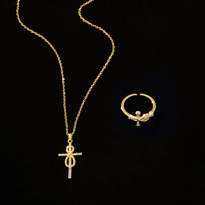 Gold-Plated Jesus Christ Cross Pendant Necklace, Cross Open-Ended Ring, Necklace & Ring Gift Set, Fashion Jewelry Accessories for Women & Men, Romantic Daily Wear Jewelry for Couples