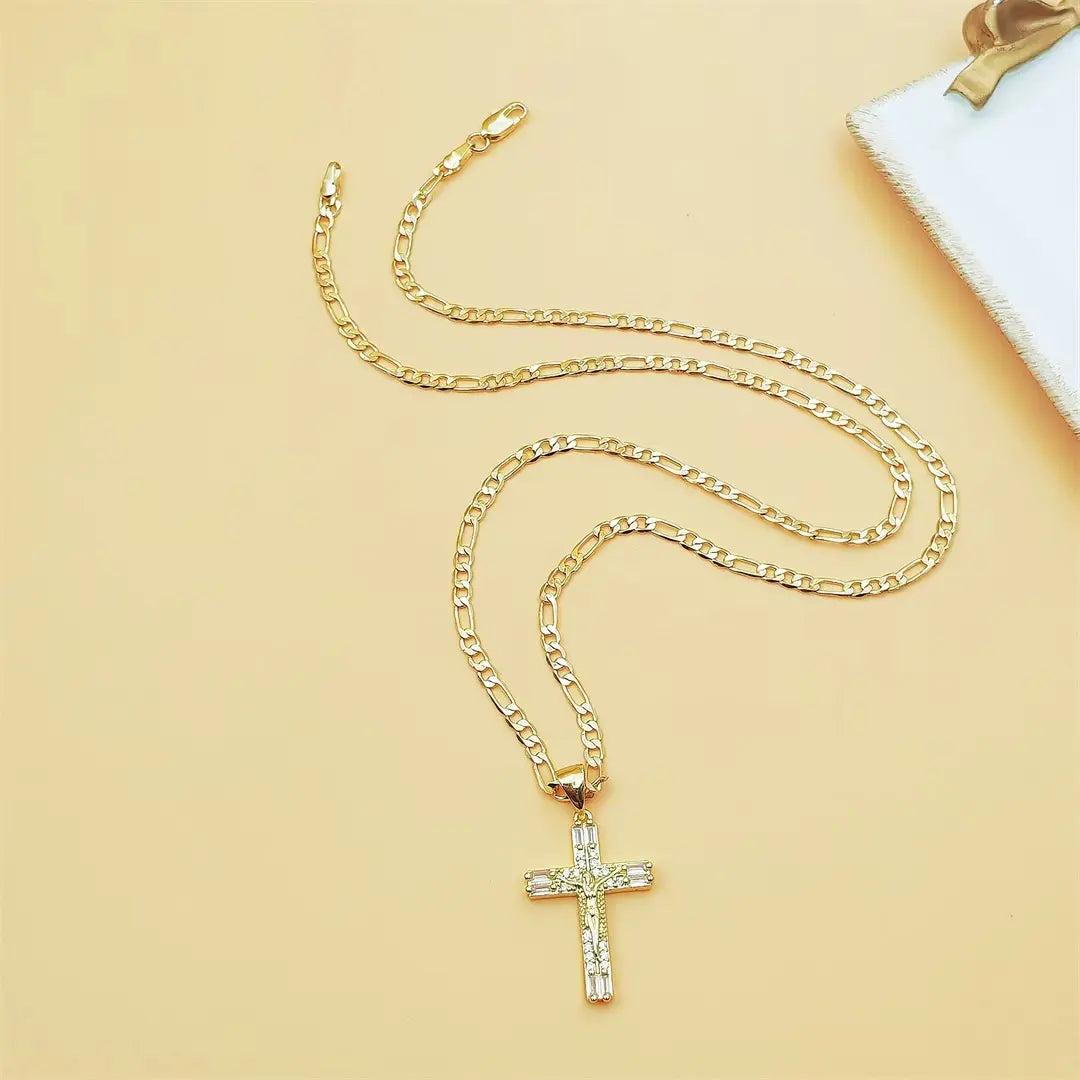 14K Gold Plated Jesus Crucifix Pendant Necklace, 23.62 Inch Copper Figaro Chain (60Cm), Cubic Zirconia Inlaid Cross Necklace for Men Women Catholic Religious Jewelry