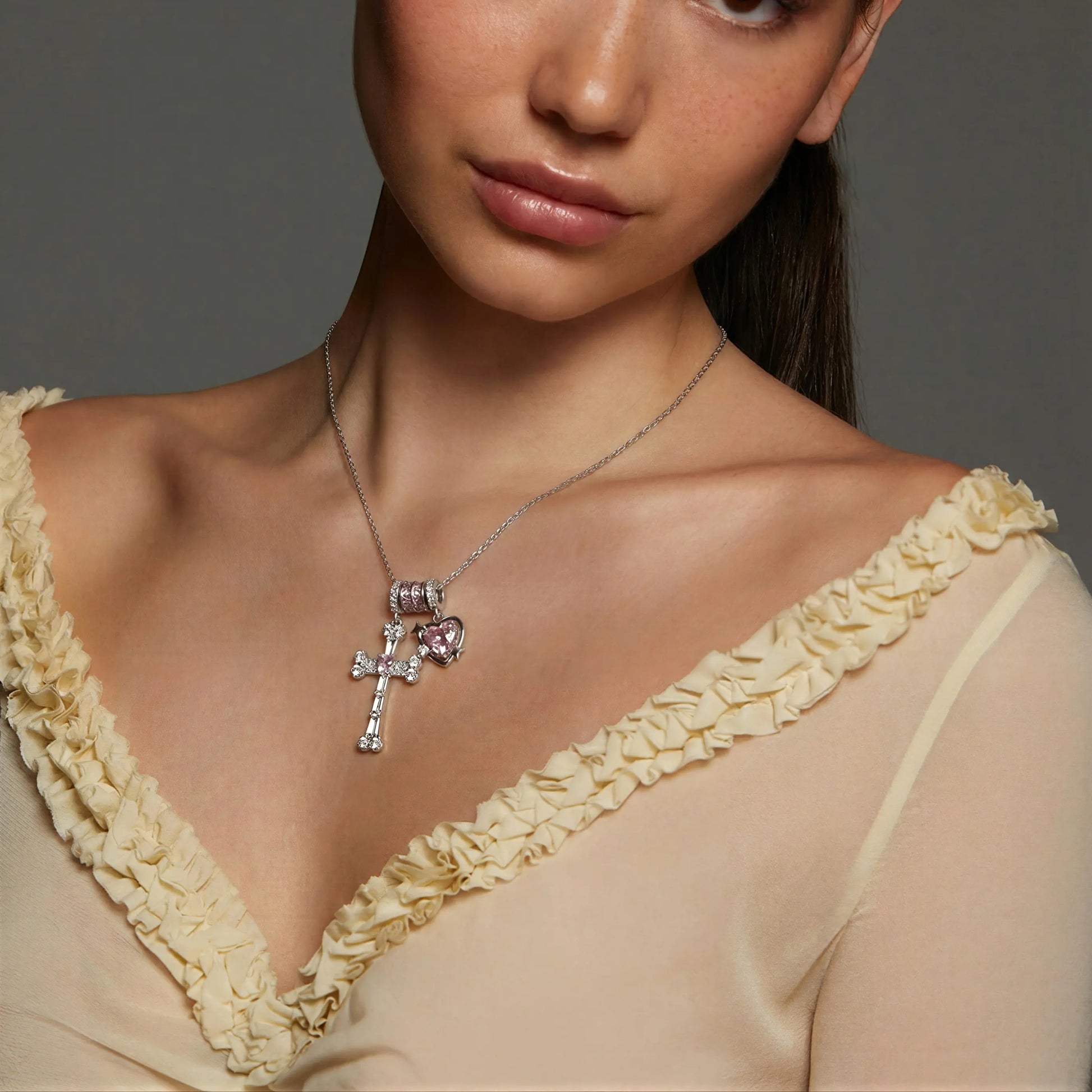 GANIA Holy Love 18K Gold Cross Engraved with Pink Heart Necklace, Christian Faith Protection Jewelry, Allergen-Resistant and Non-Dyed, Adjustable. Ideal Gift for Birthdays, Anniversaries, Mothers, Sisters, Girlfriends, and Wives