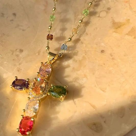 Lunastdla Rainbow Cross Pendant Necklace - Dainty Multicolor Faith Cross Necklace,Vintage Glam & Y2K Vibes for Women Girls,Colorful Sparkle Perfect for Daily Outfits Church & Festivals
