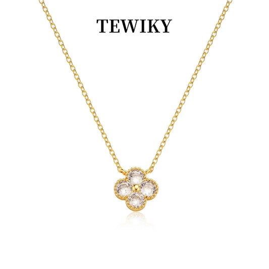 TEWIKY 14K Gold-Plated Gold-Colored Dangling Ear-Edge Zircon Four-Leaf Clover Necklace for Women Daily & Party Wear Gift Suitable for Various Occasions