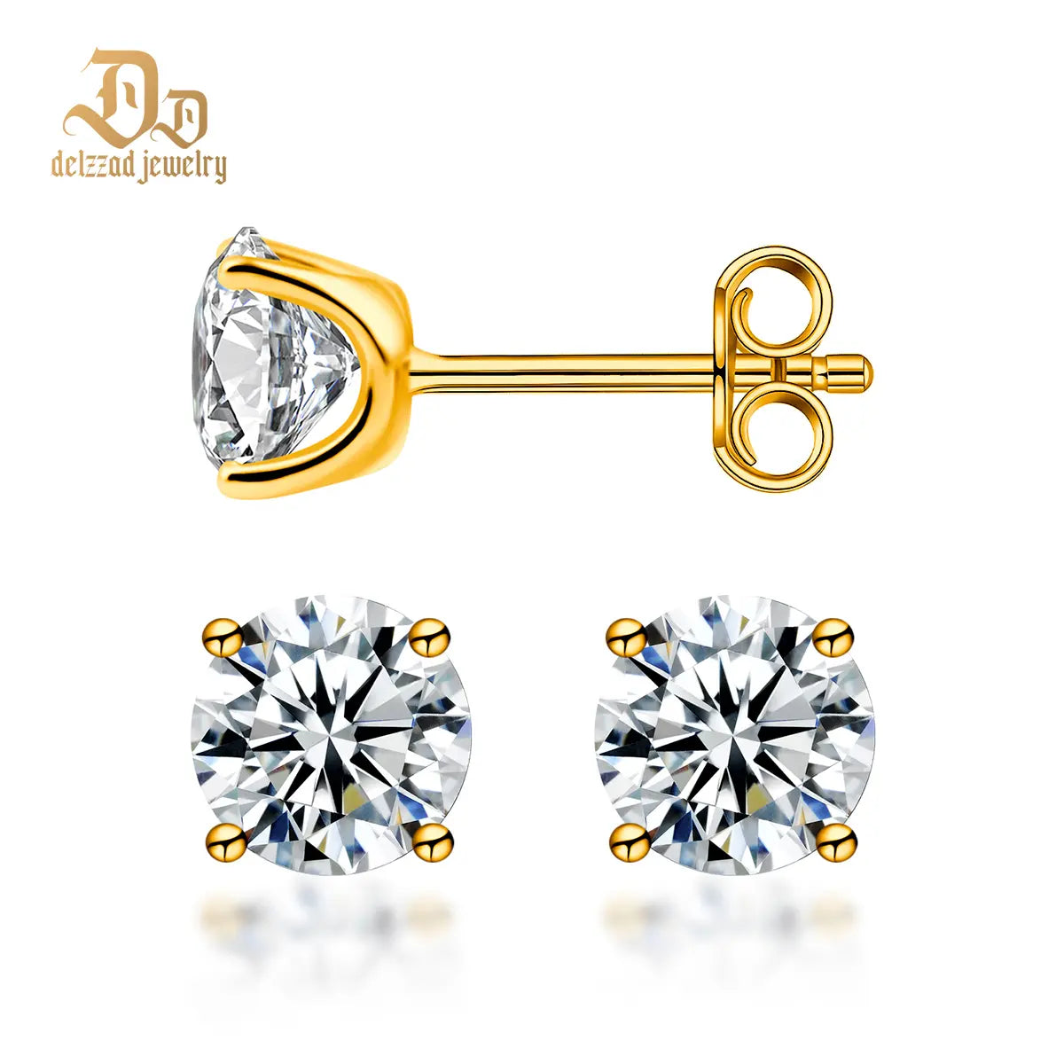 Delzzad 14K Gold-Plated Solitaire Four Prong Earrings Screw Back/Butterfly Back Lab-Created Moissanite Stud Earring S925 Sterling Silver Moissanite Jewelry Perfect Birthday Mother’S Day Christmas Gift for Men Women Wedding Set