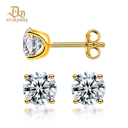 Delzzad 14K Gold-Plated Solitaire Four Prong Earrings Screw Back/Butterfly Back Lab-Created Moissanite Stud Earring S925 Sterling Silver Moissanite Jewelry Perfect Birthday Mother’S Day Christmas Gift for Men Women Wedding Set